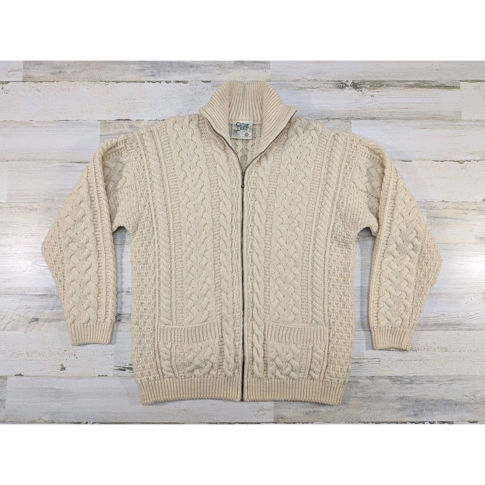 Carraig Donn Aran Sweater Mens Medium Wool Fisherman Full Zip Pockets Ireland